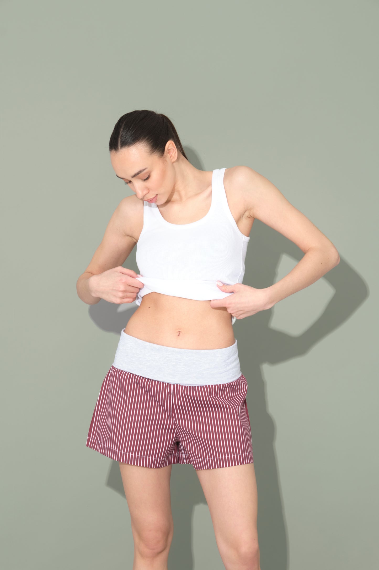 Burgundy Striped Shorts with Folded Waist Detail