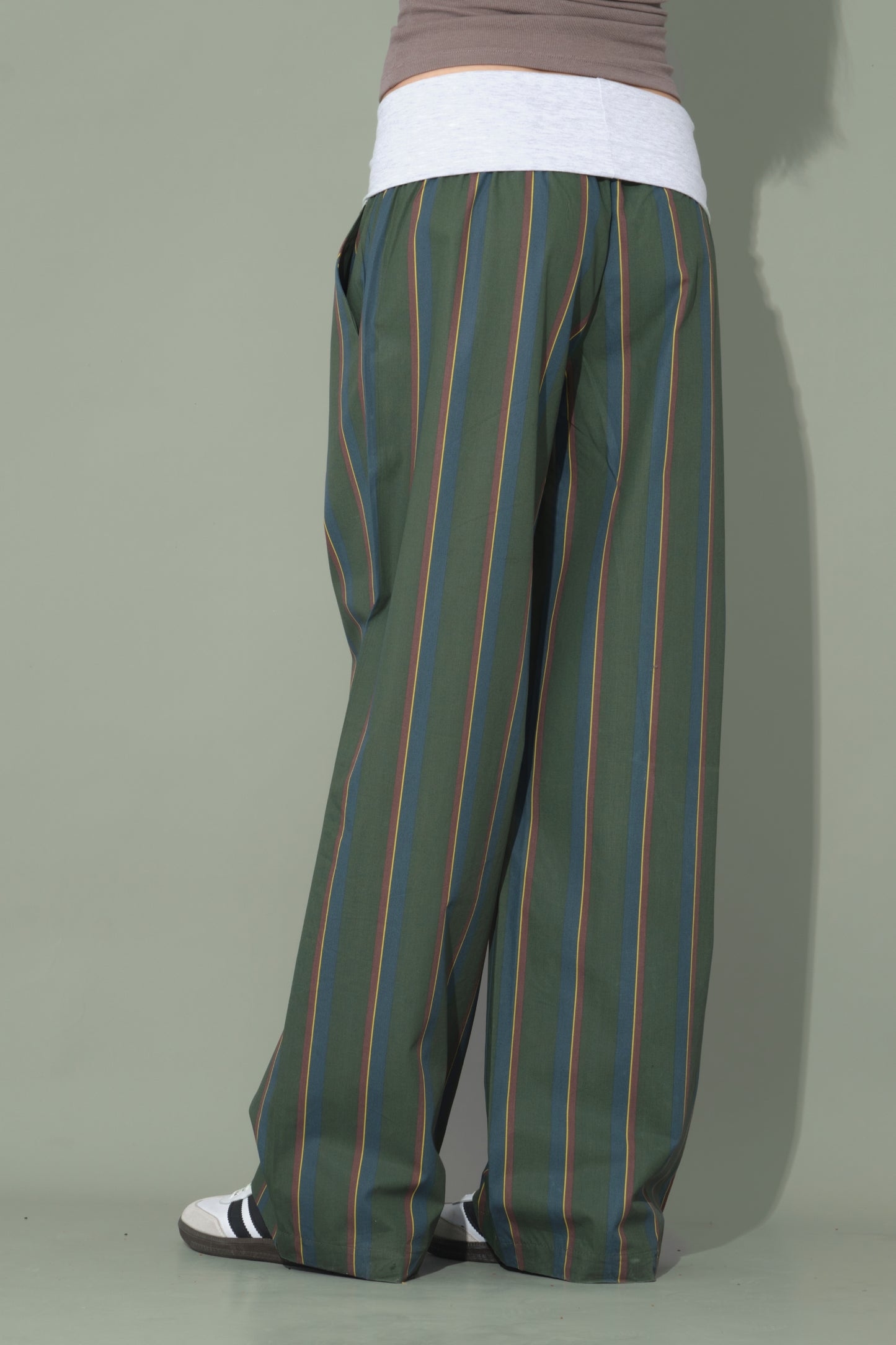 Green Striped Trousers with Folded Waist Detail