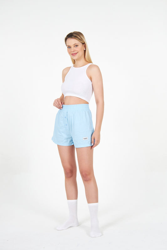 Yüksek Bel Bebe Mavi Patlı Şort Crop Takım