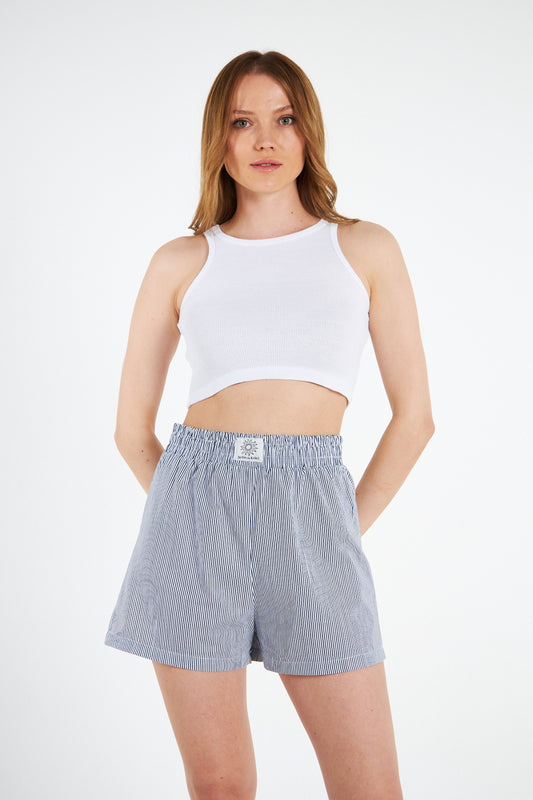 Yüksek Bel Lacivert Çizgili Şort Crop Takım