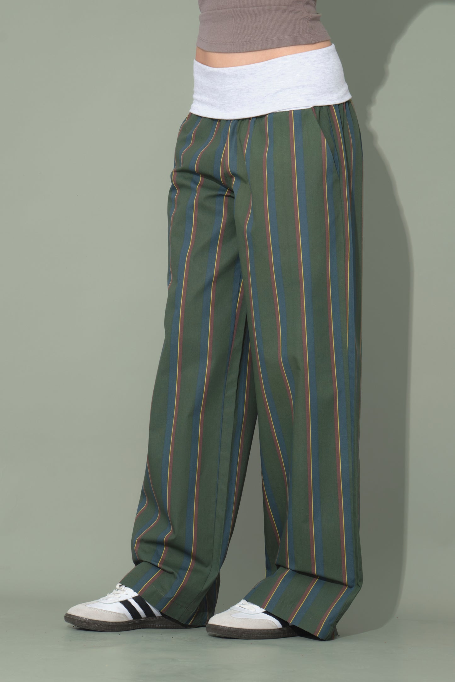 Green Striped Trousers with Folded Waist Detail