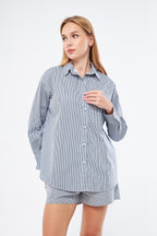 Navy Blue Striped Ensoleillé Shirt Shorts Set