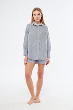 Navy Blue Striped Ensoleillé Shirt Shorts Set