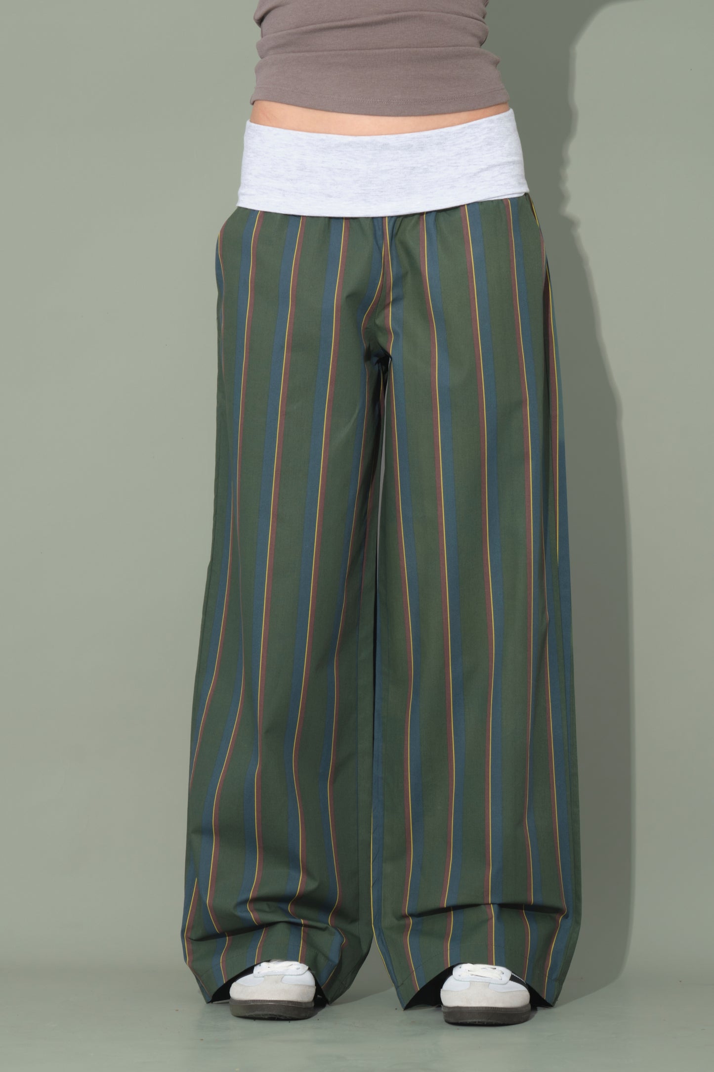Green Striped Trousers with Folded Waist Detail