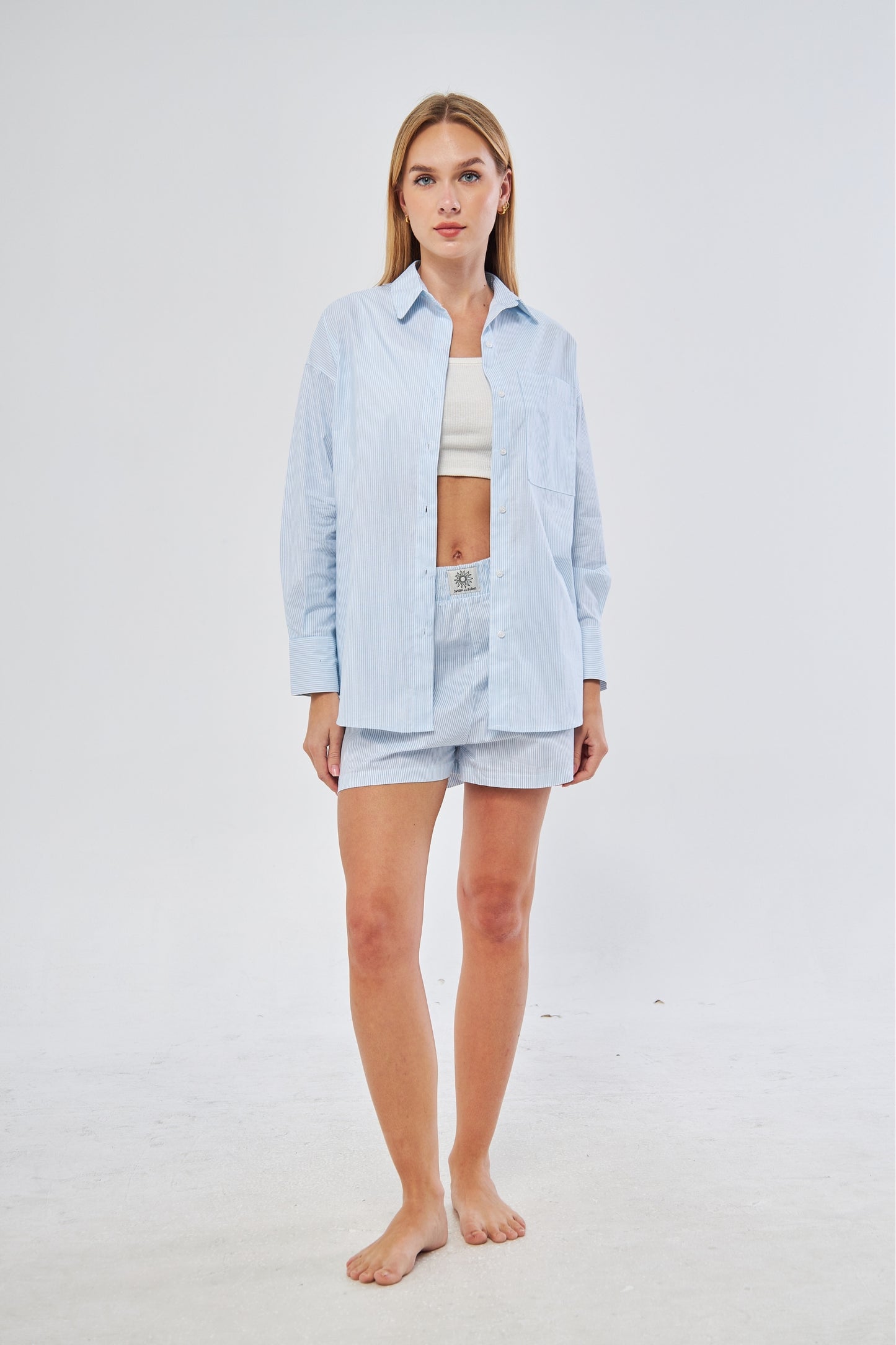 Baby Blue Striped Shirt Ensoleillé Shorts Set