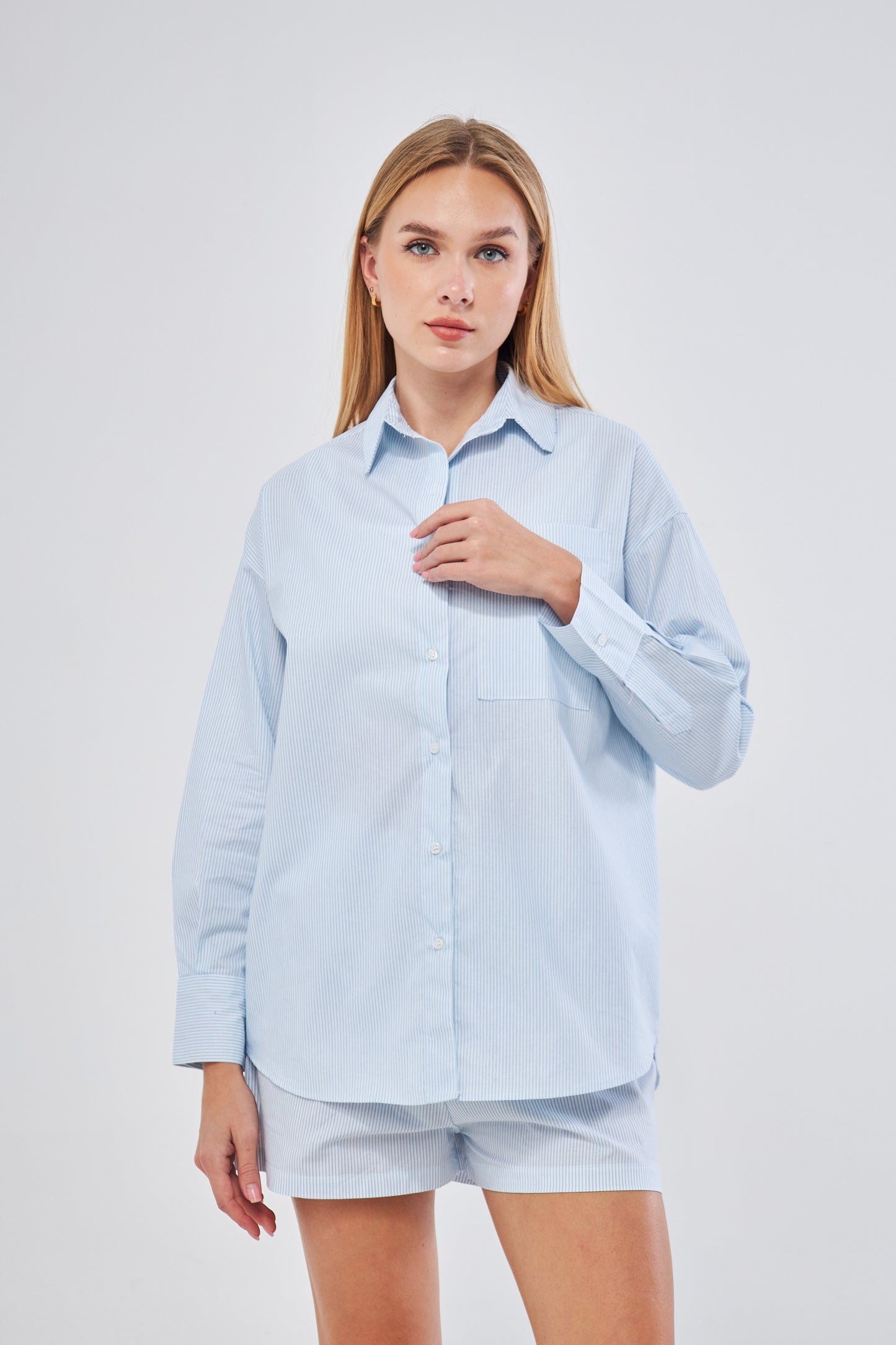Baby Blue Striped Shirt Ensoleillé Shorts Set