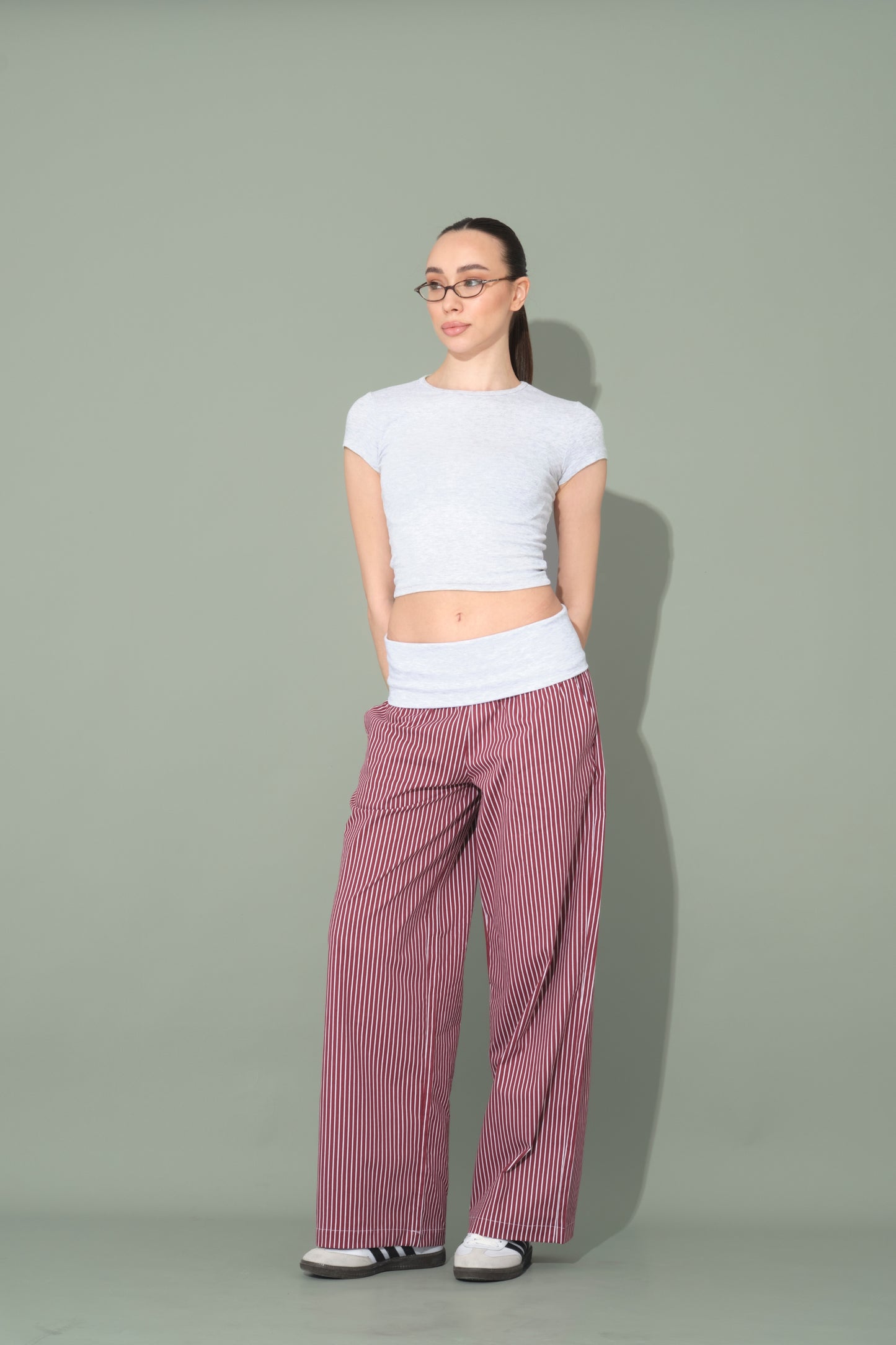 Burgundy Striped Trousers with Folded Waist Detail