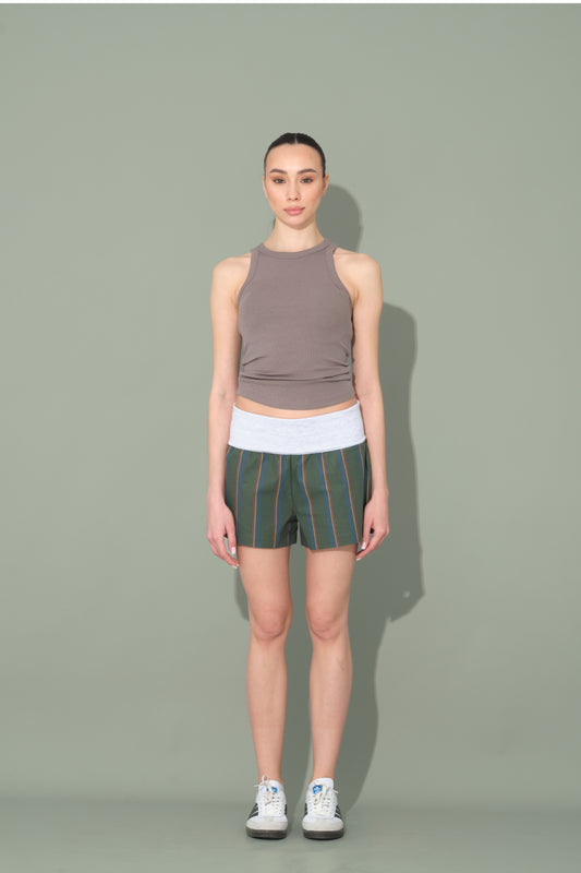 Green Striped Shorts with Folded Waist Detail