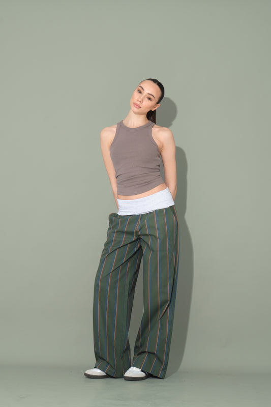Green Striped Trousers with Folded Waist Detail