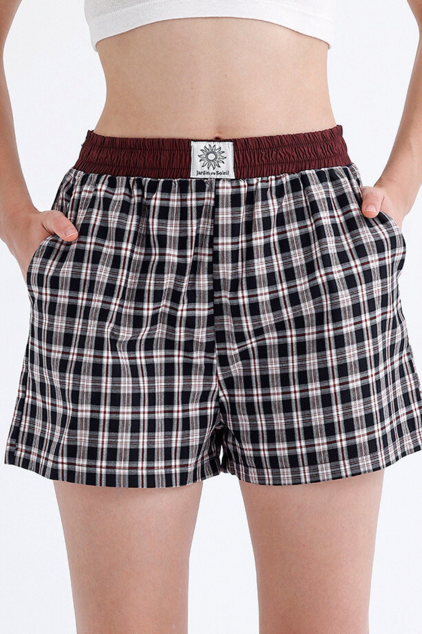 Black/Burgundy Plaid Boyfriend Shorts