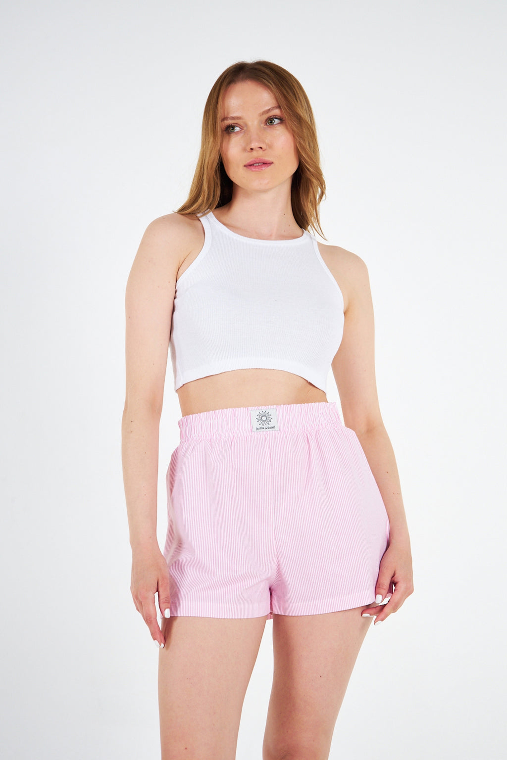Yüksek Bel Pembe Çizgili Şort Crop Takım