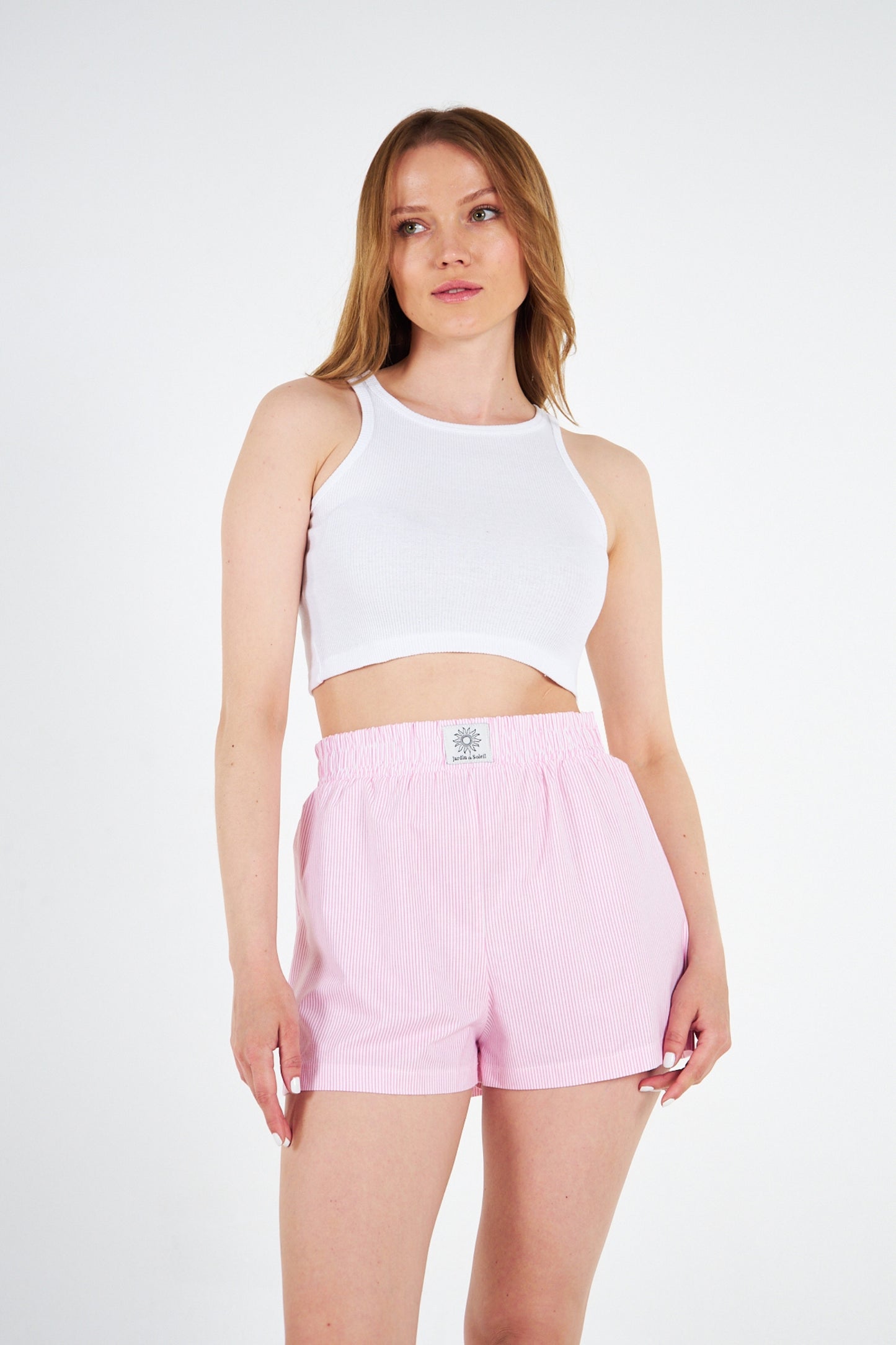 High Waist Pink Striped Shorts Crop Set