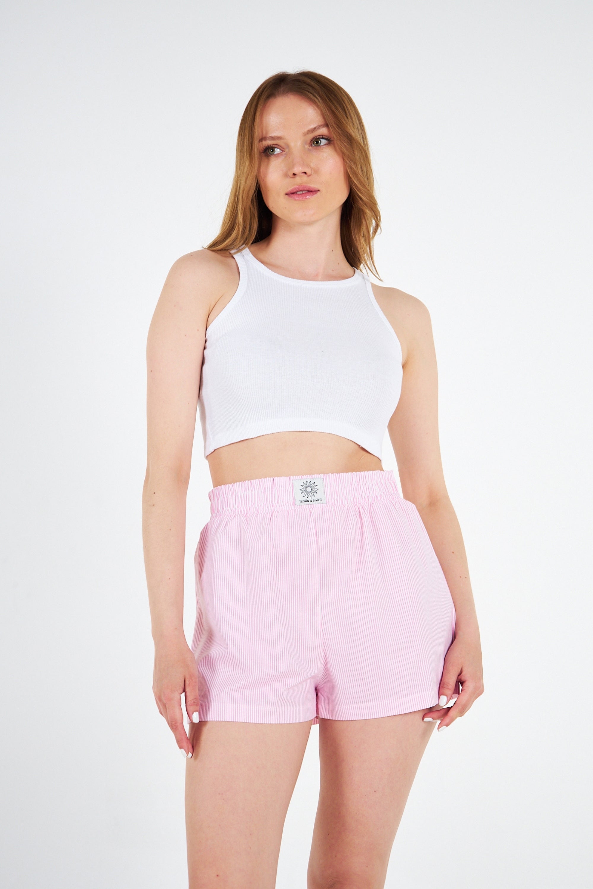 Yüksek Bel Pembe Çizgili Şort Crop Takım