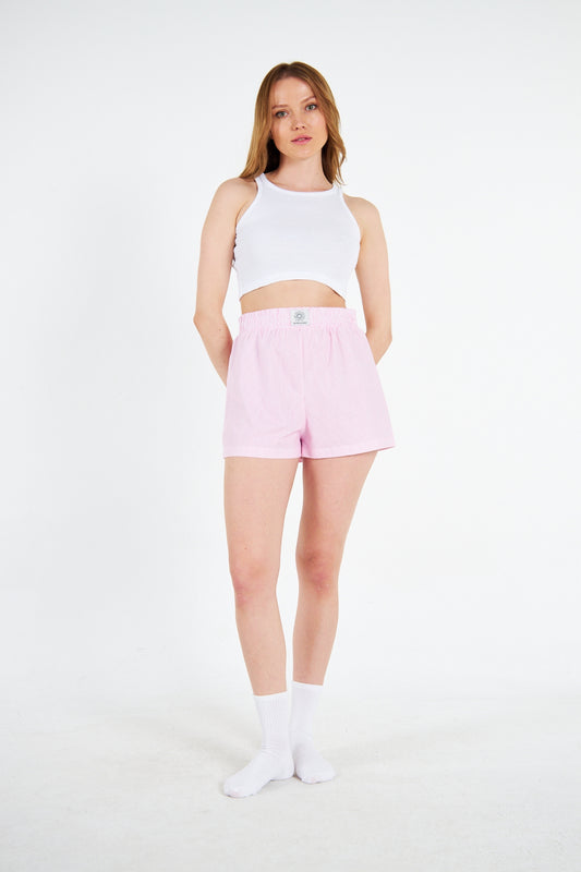 Yüksek Bel Pembe Çizgili Şort Crop Takım