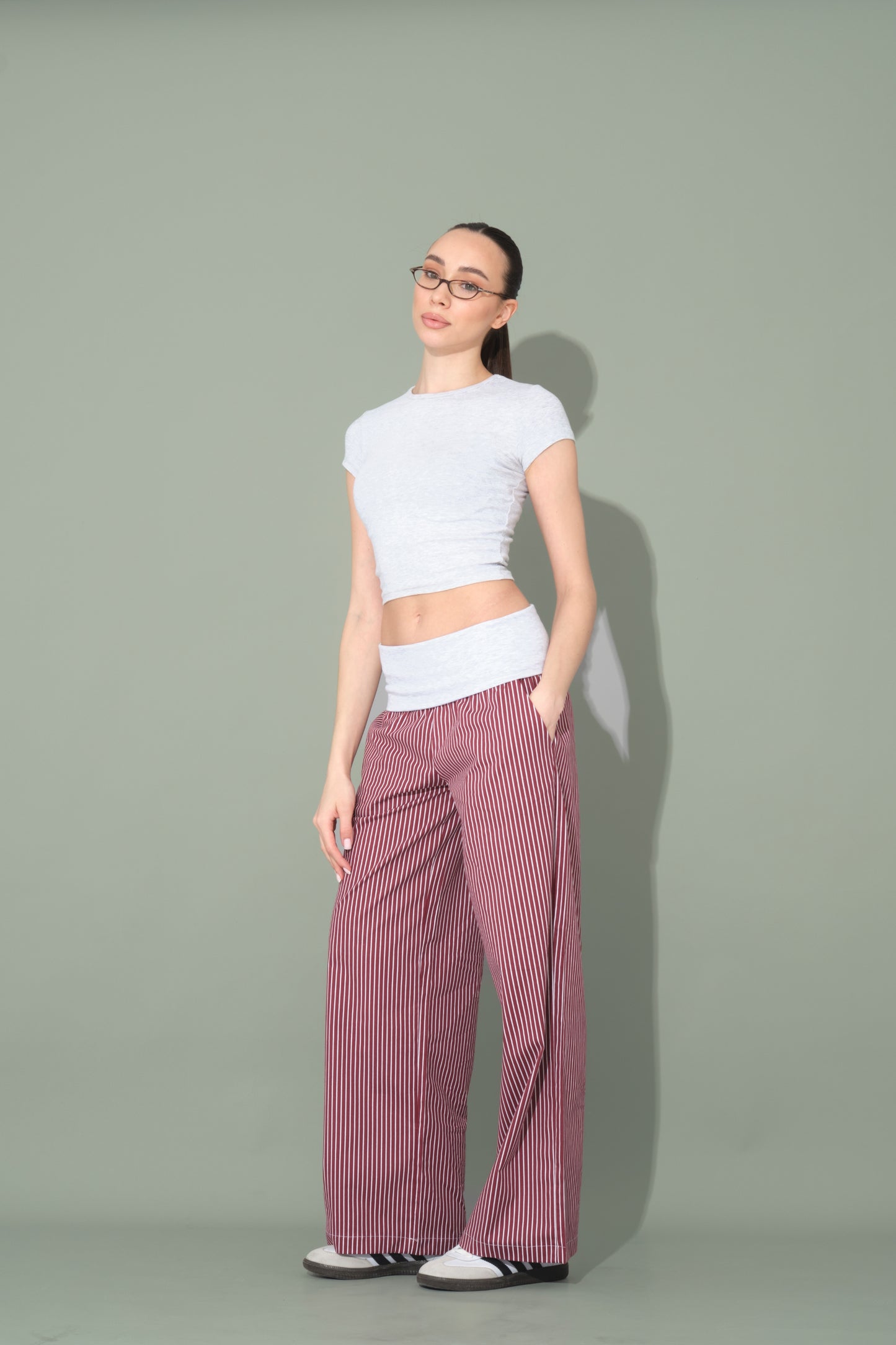 Burgundy Striped Trousers with Folded Waist Detail