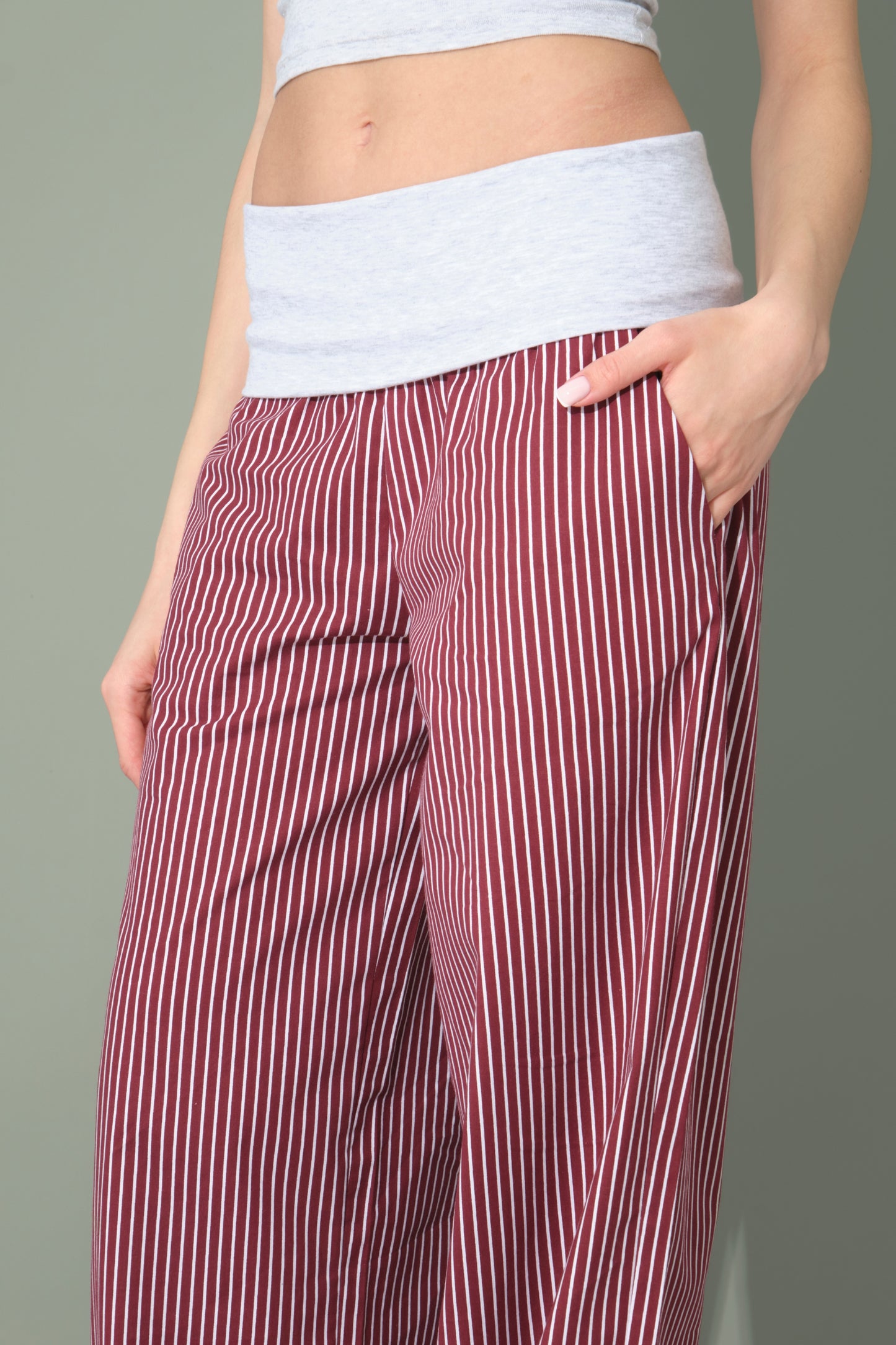 Burgundy Striped Trousers with Folded Waist Detail