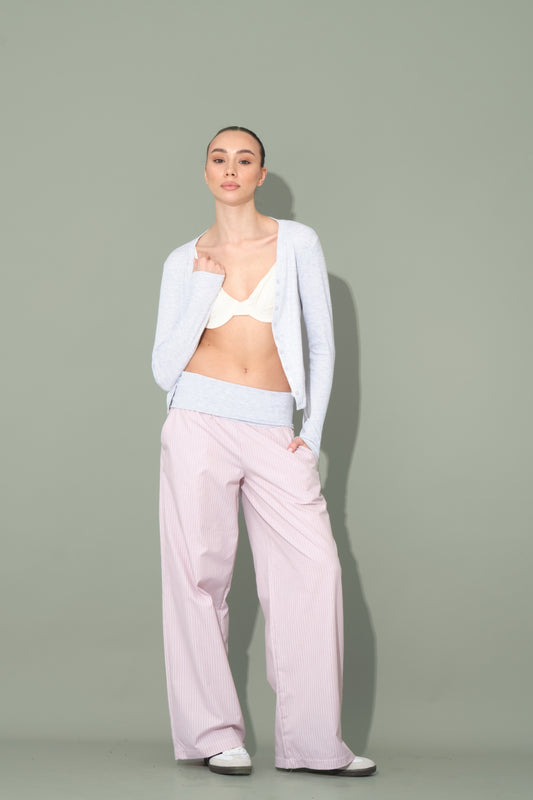 Pink Striped Trousers with Folded Waist Detail