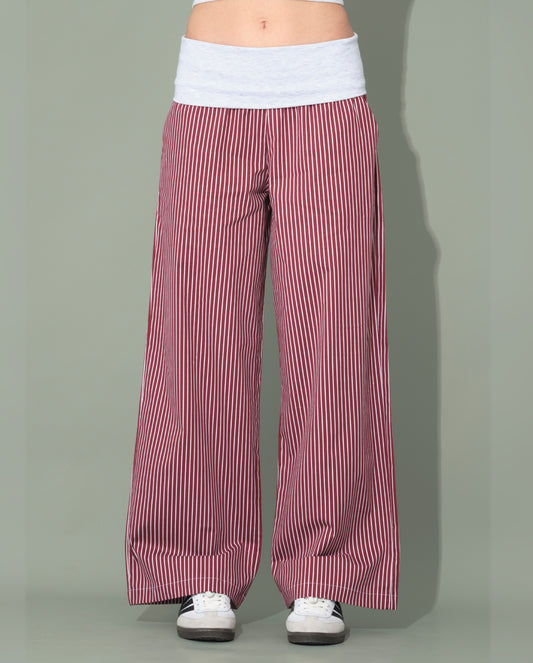 Burgundy Striped Trousers with Folded Waist Detail