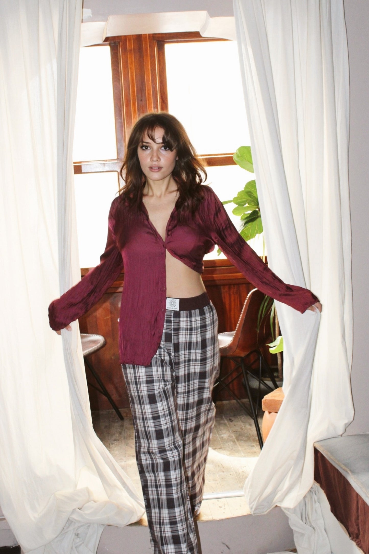 Navy Blue/Burgundy Plaid Boyfriend Trousers