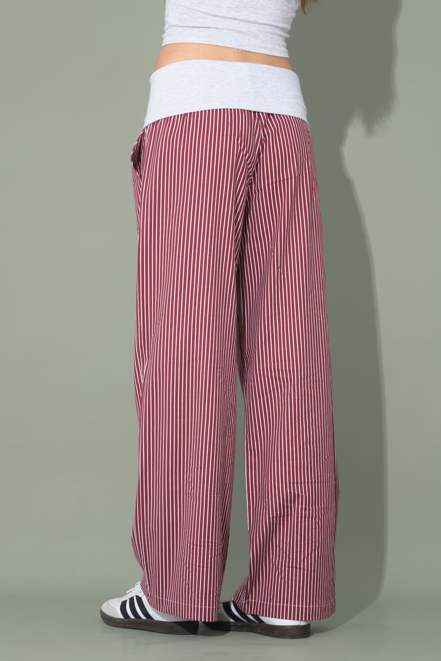 Burgundy Striped Trousers with Folded Waist Detail