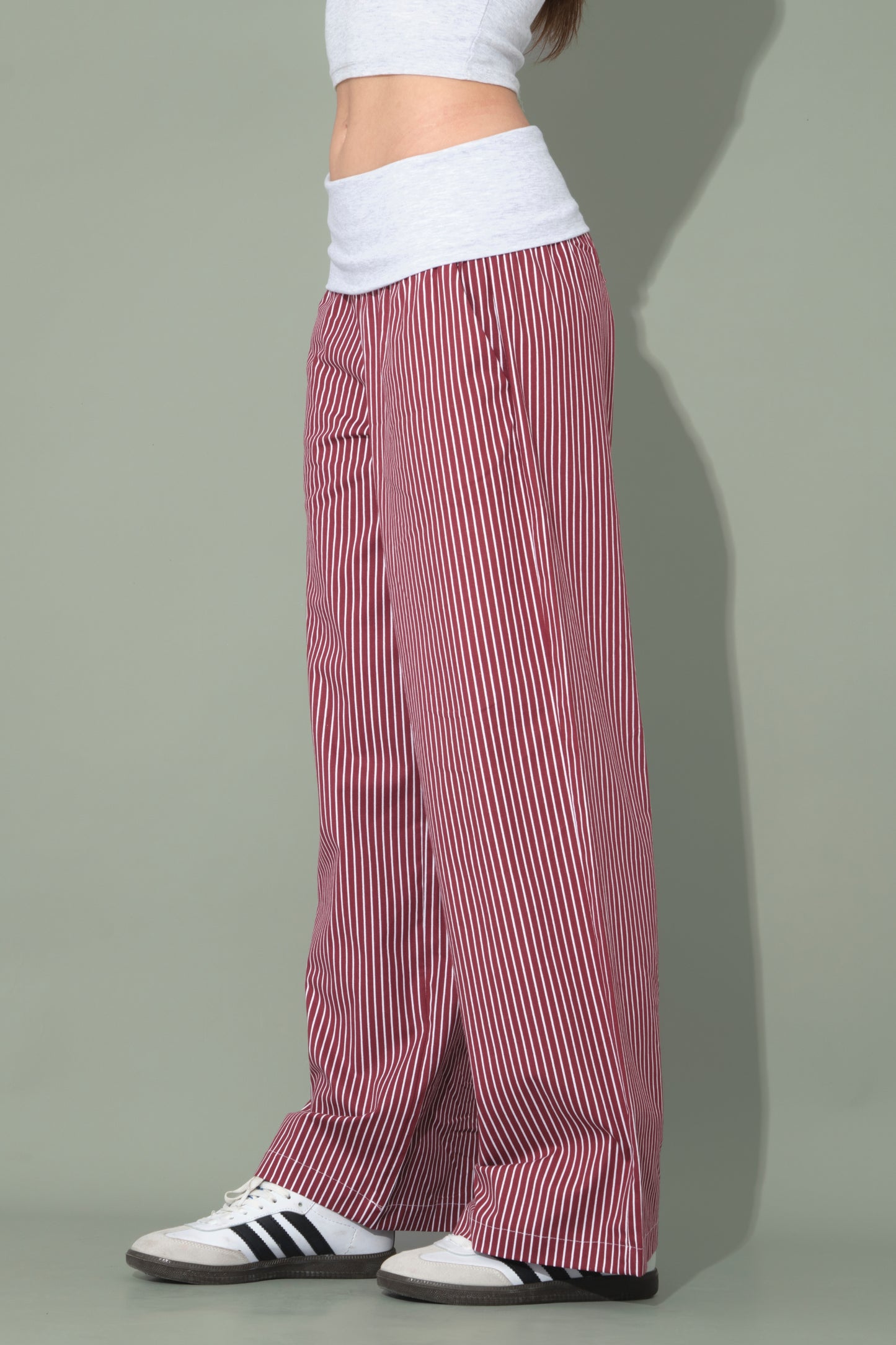 Burgundy Striped Trousers with Folded Waist Detail