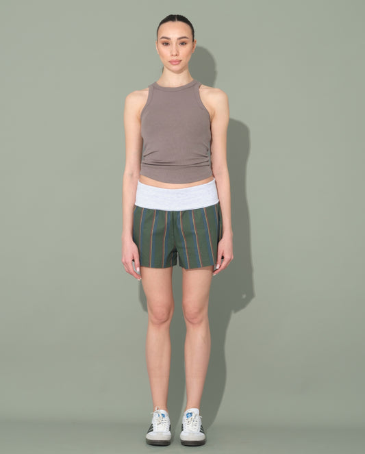 Green Striped Shorts with Folded Waist Detail