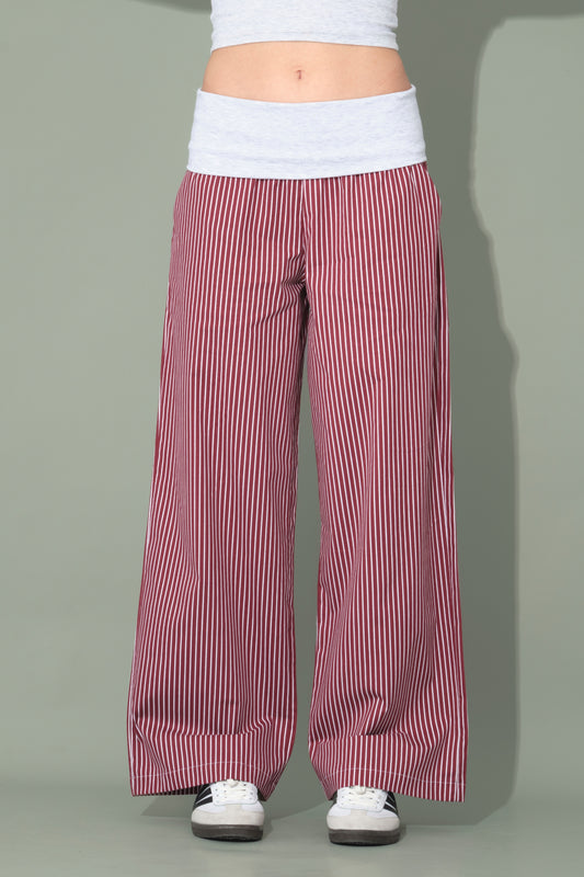Burgundy Striped Trousers with Folded Waist Detail