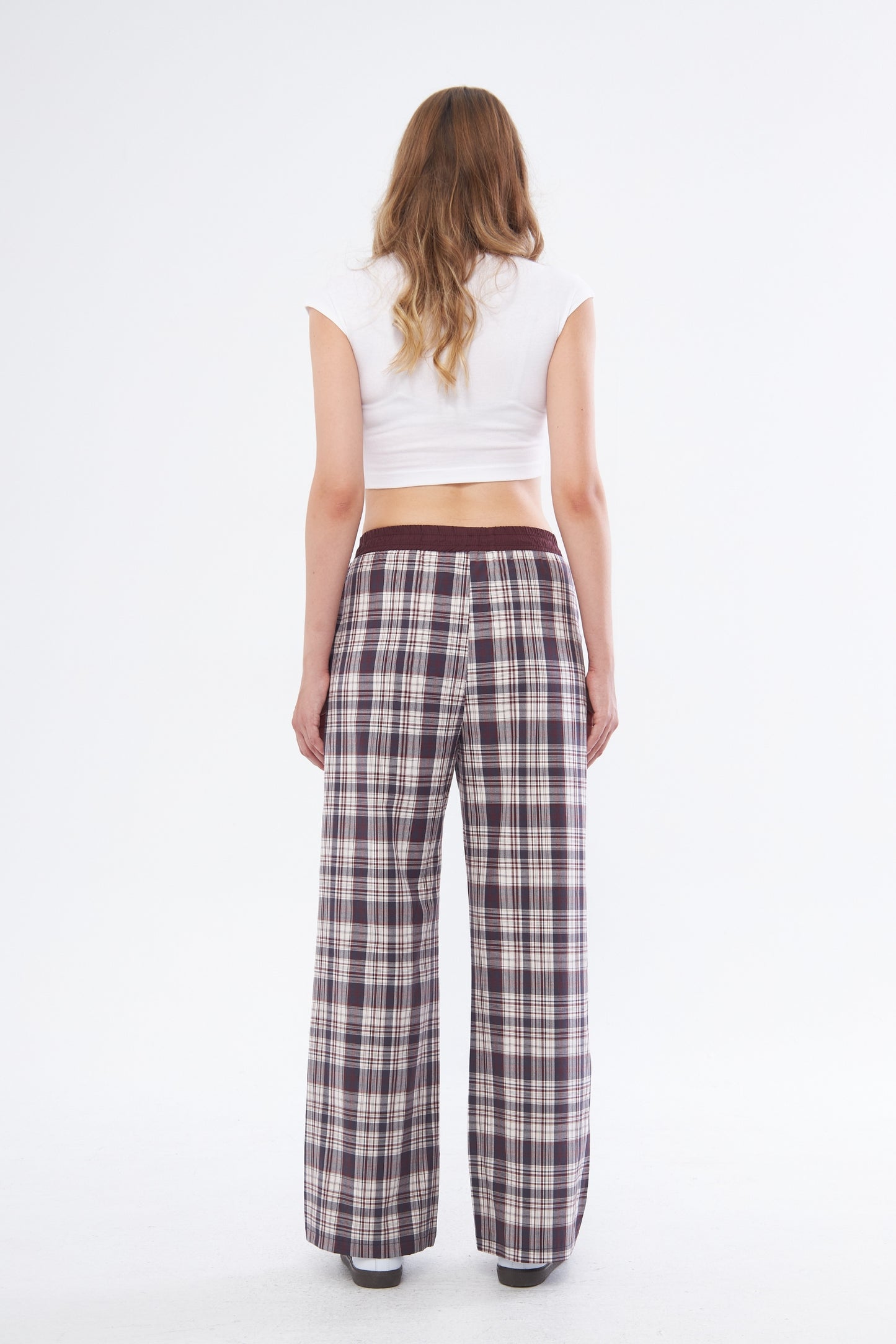 Navy Blue/Burgundy Plaid Boyfriend Trousers