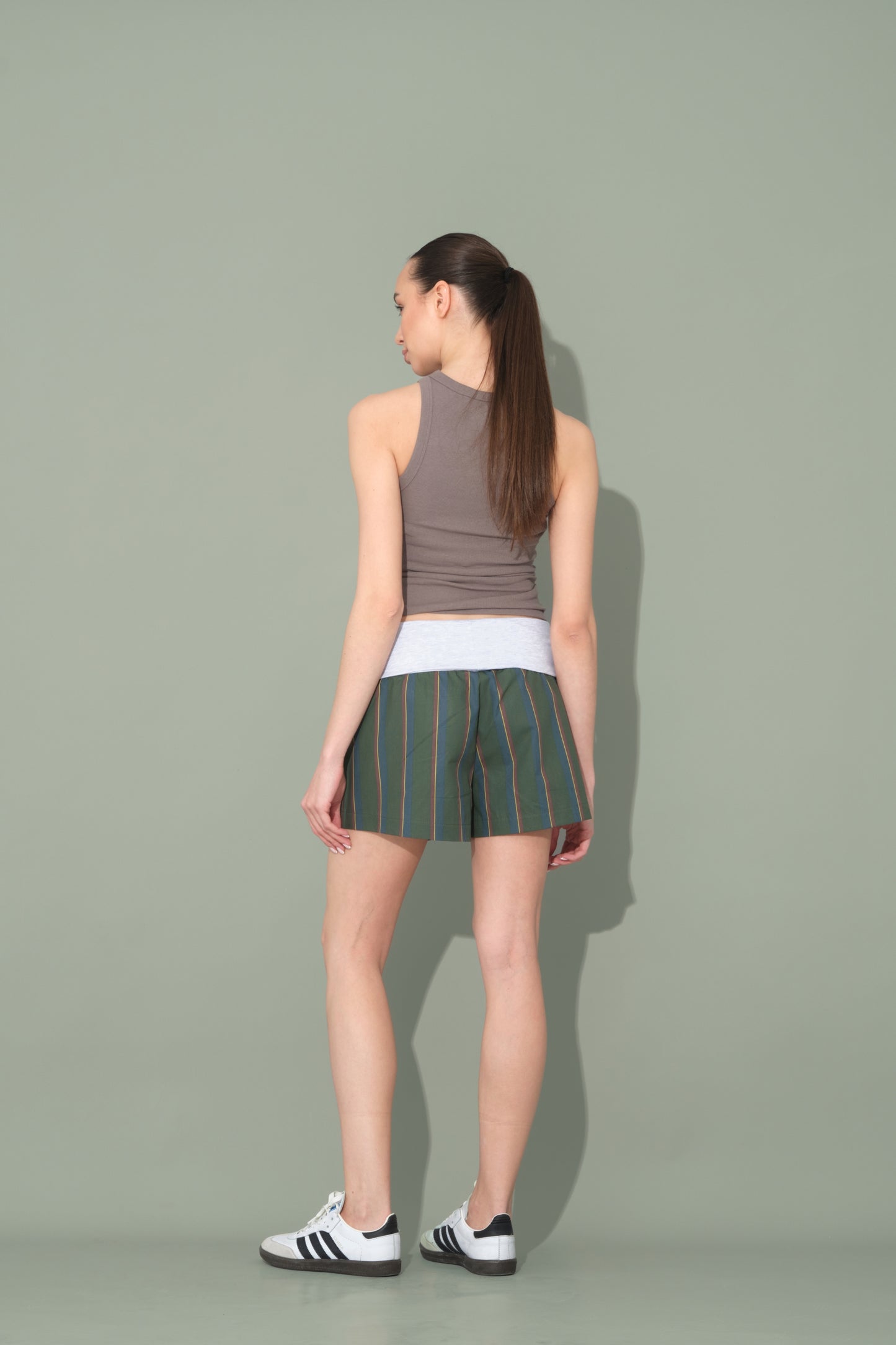 Green Striped Shorts with Folded Waist Detail