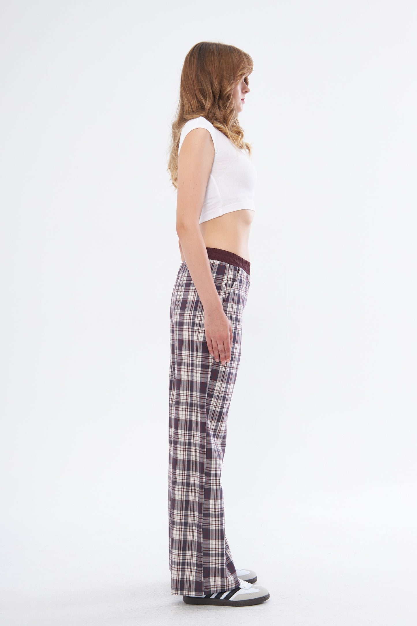 Navy Blue/Burgundy Plaid Boyfriend Trousers