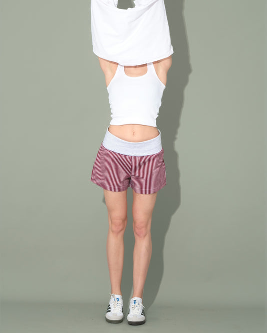 Burgundy Striped Shorts with Folded Waist Detail