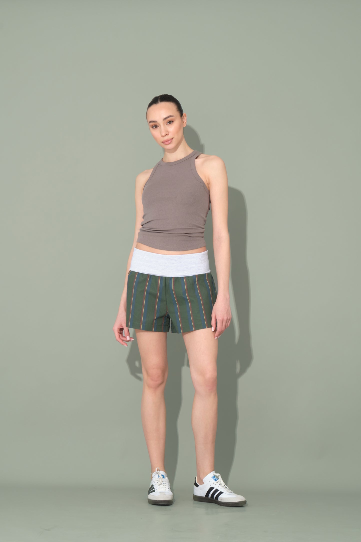Green Striped Shorts with Folded Waist Detail