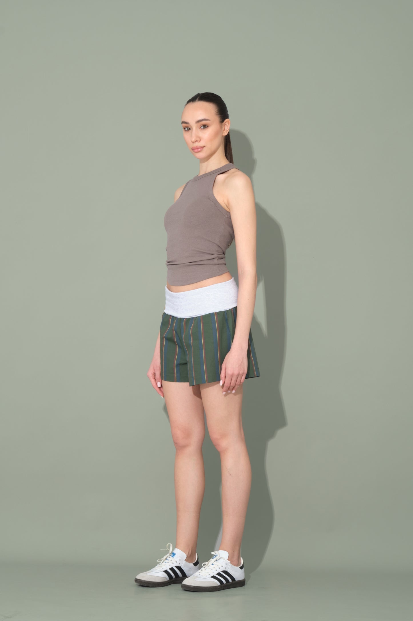 Green Striped Shorts with Folded Waist Detail