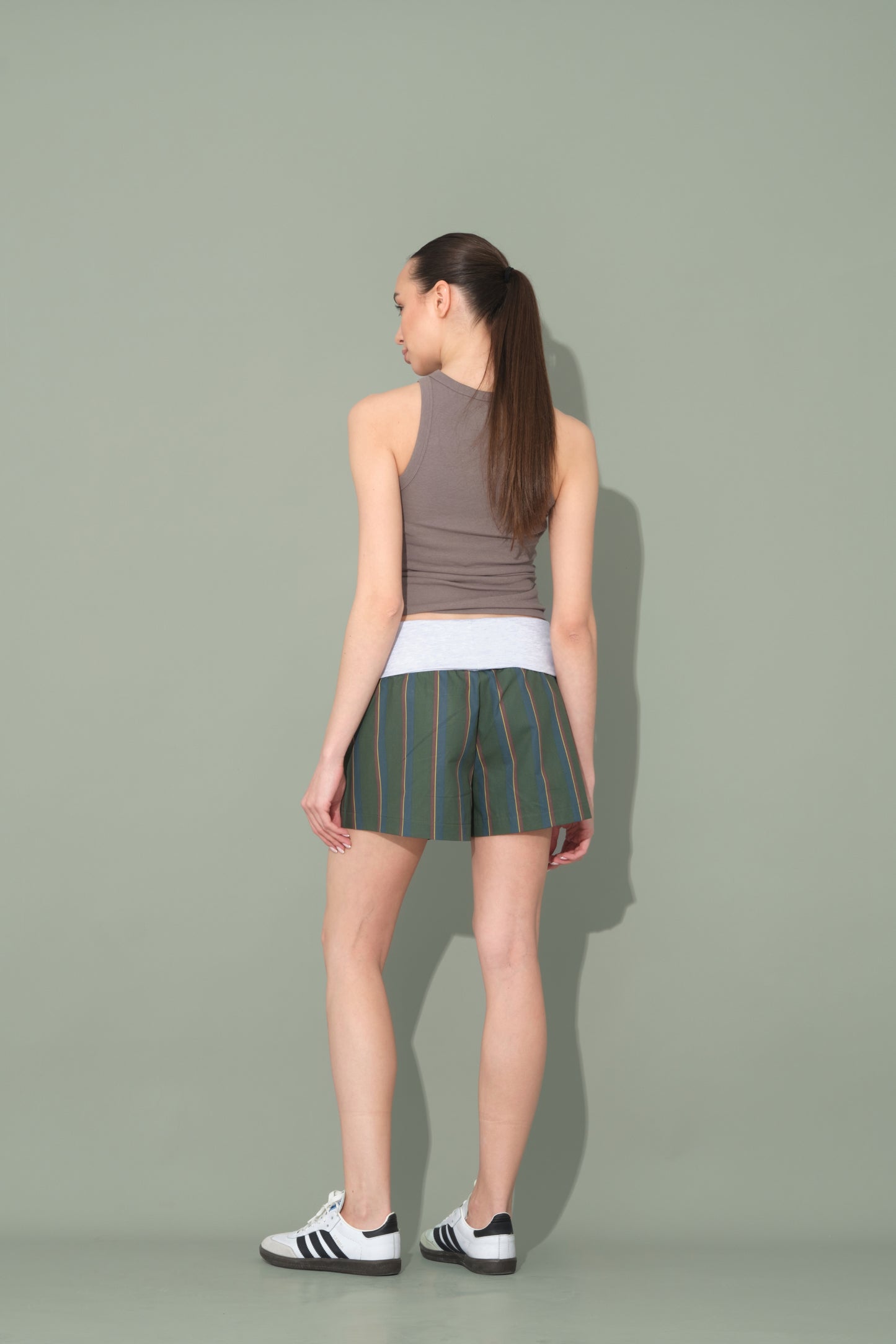 Green Striped Shorts with Folded Waist Detail