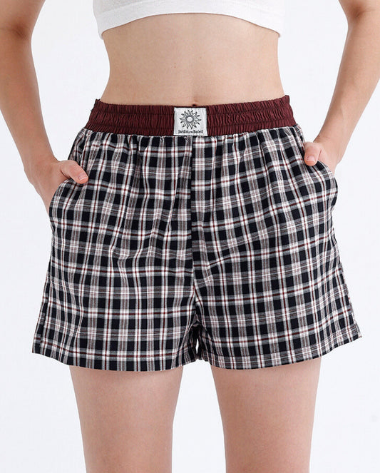 Black/Burgundy Plaid Boyfriend Shorts