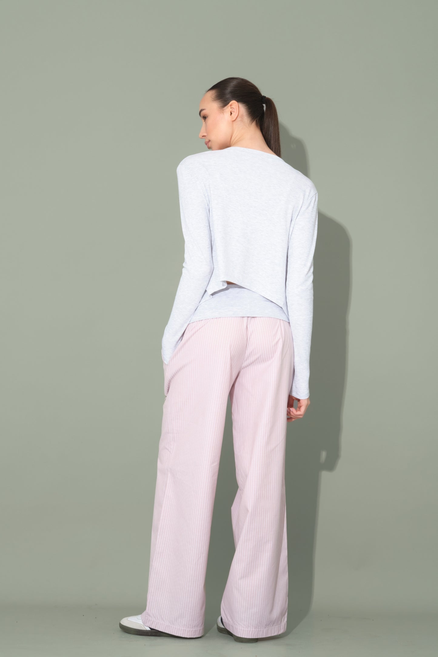 Pink Striped Trousers with Folded Waist Detail