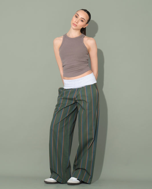 Folded Waist Green Striped Trousers