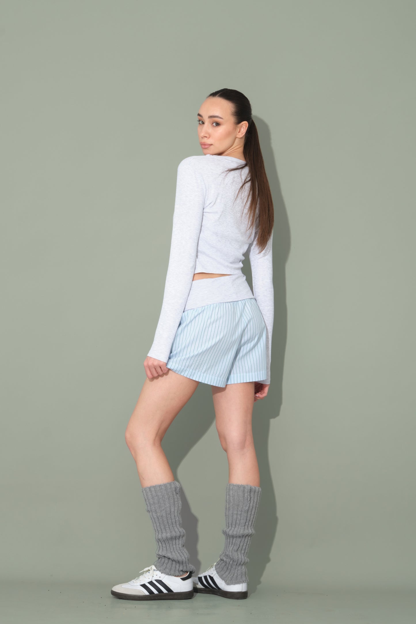 Blue Striped Shorts with Folded Waist Detail