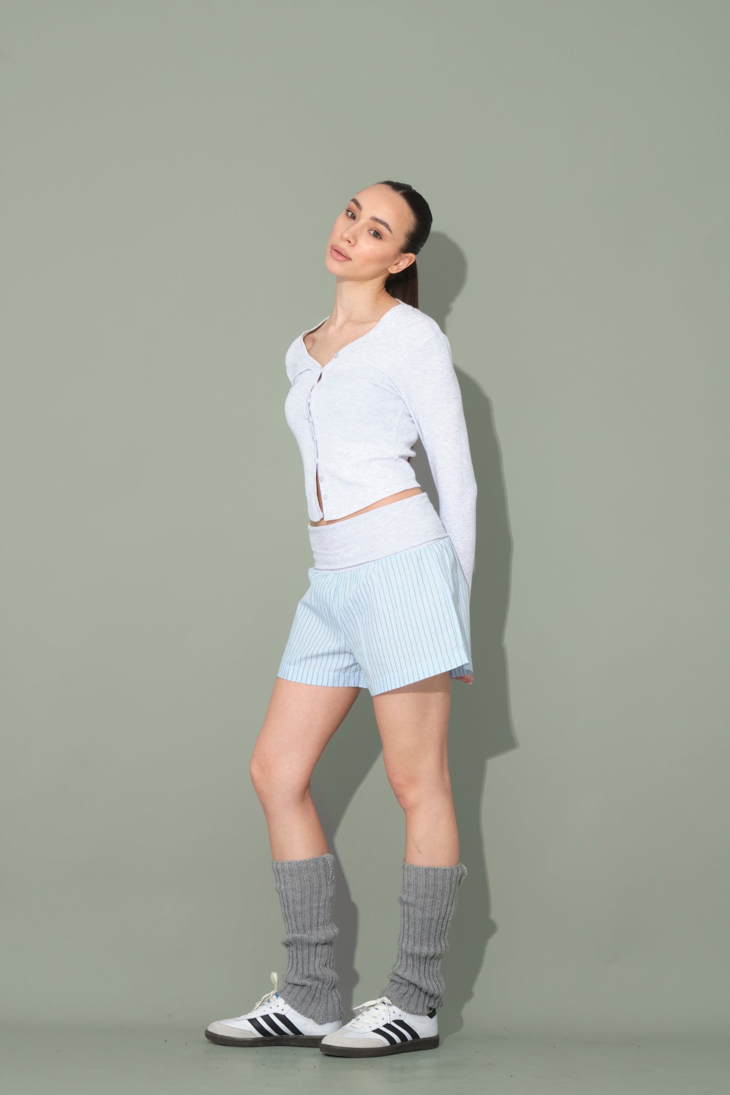 Blue Striped Shorts with Folded Waist Detail