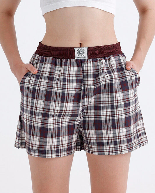 Navy Blue/Burgundy Plaid Boyfriend Shorts