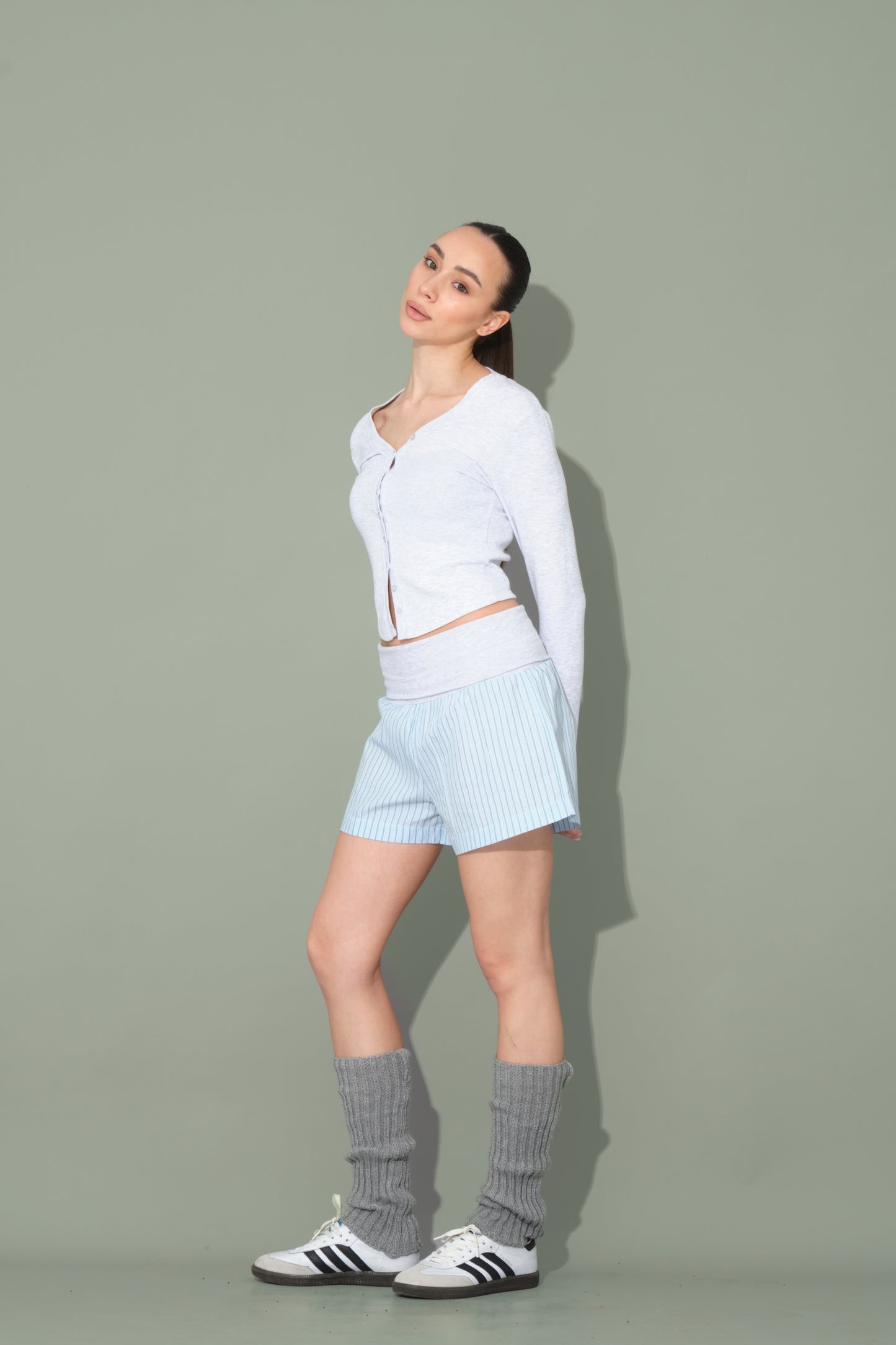 Blue Striped Shorts with Folded Waist Detail