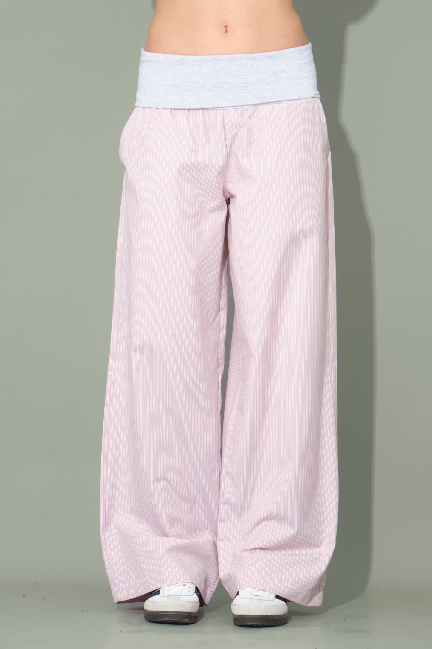 Pink Striped Trousers with Folded Waist Detail