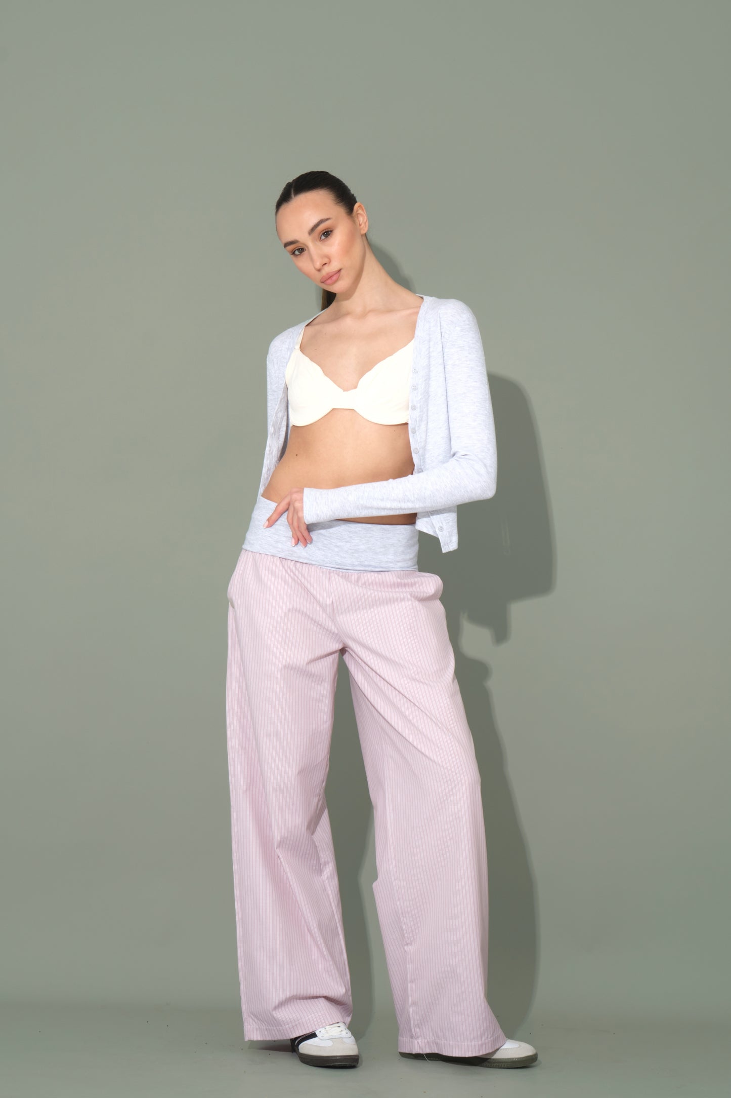 Pink Striped Trousers with Folded Waist Detail