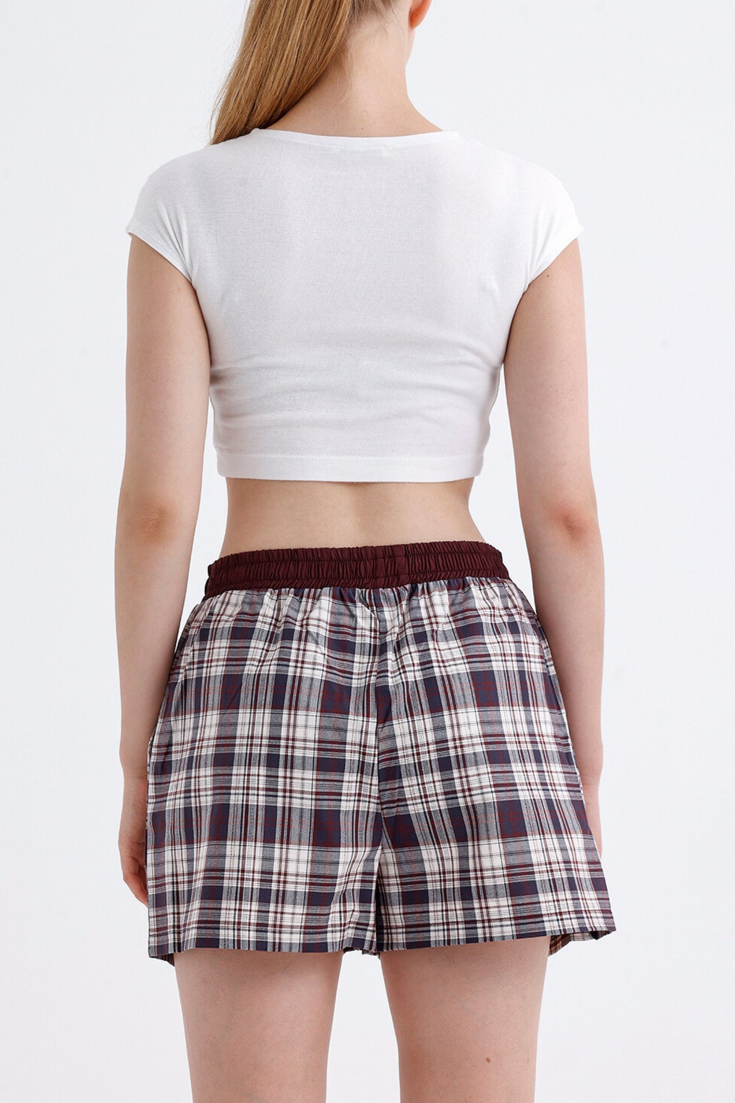 Navy Blue/Burgundy Plaid Boyfriend Shorts