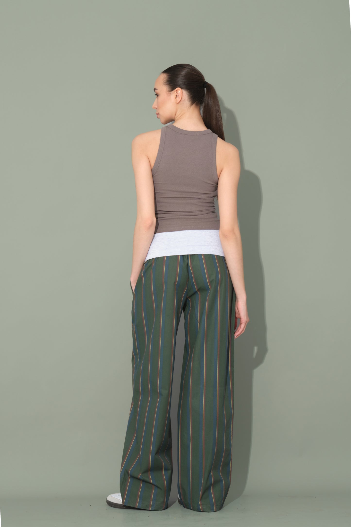 Green Striped Trousers with Folded Waist Detail