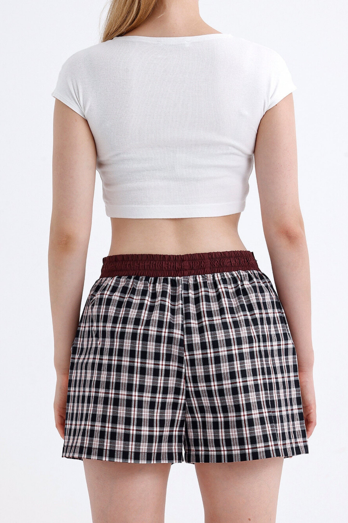 Black/Burgundy Plaid Boyfriend Shorts