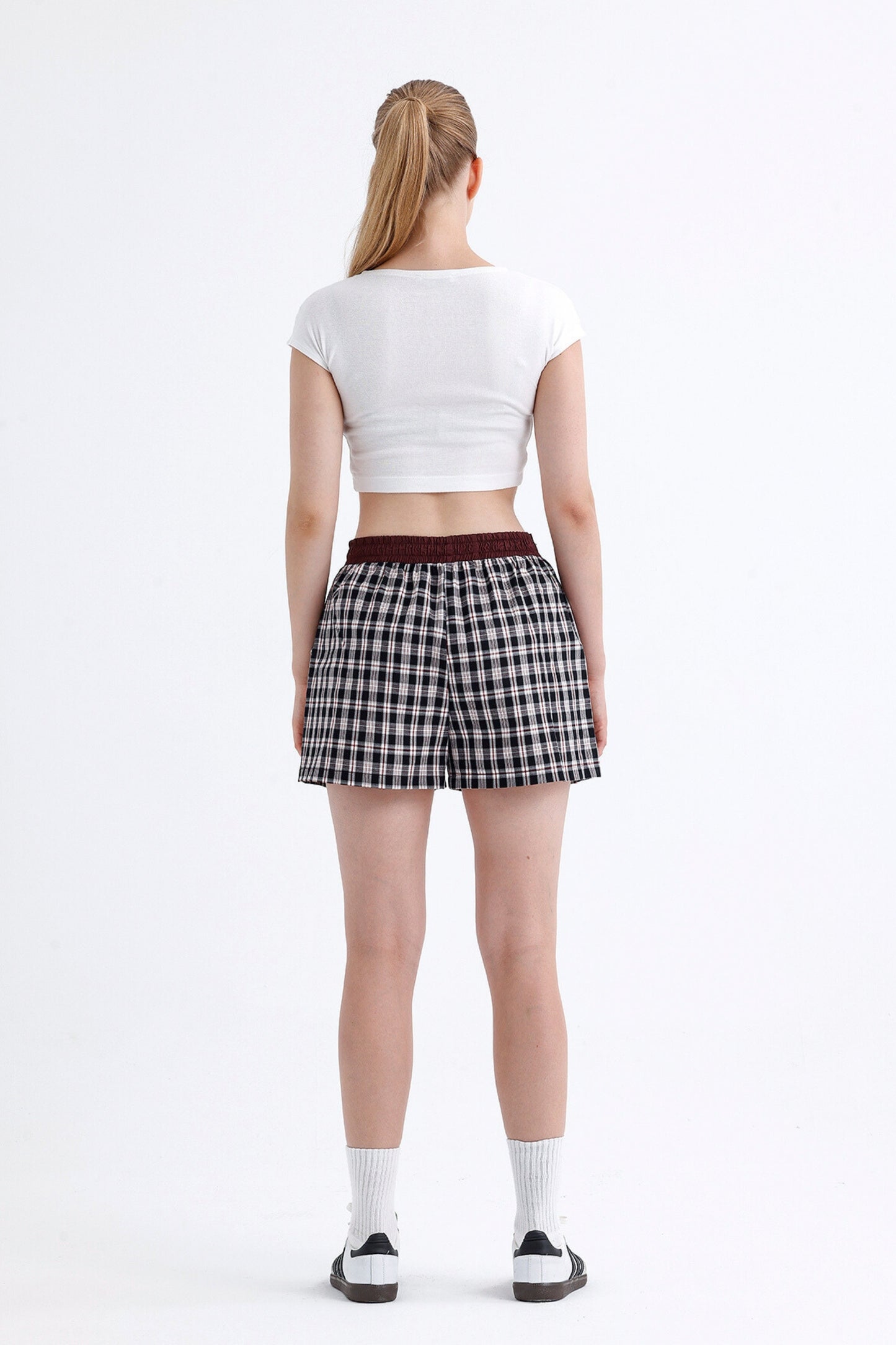 Black/Burgundy Plaid Boyfriend Shorts