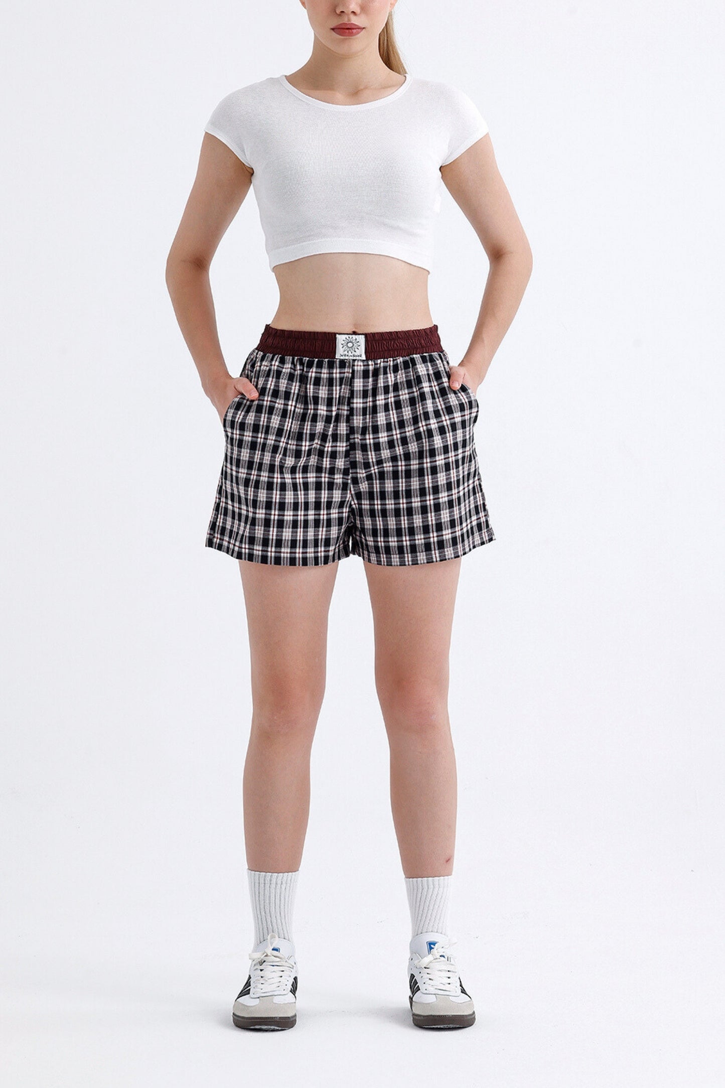 Black/Burgundy Plaid Boyfriend Shorts