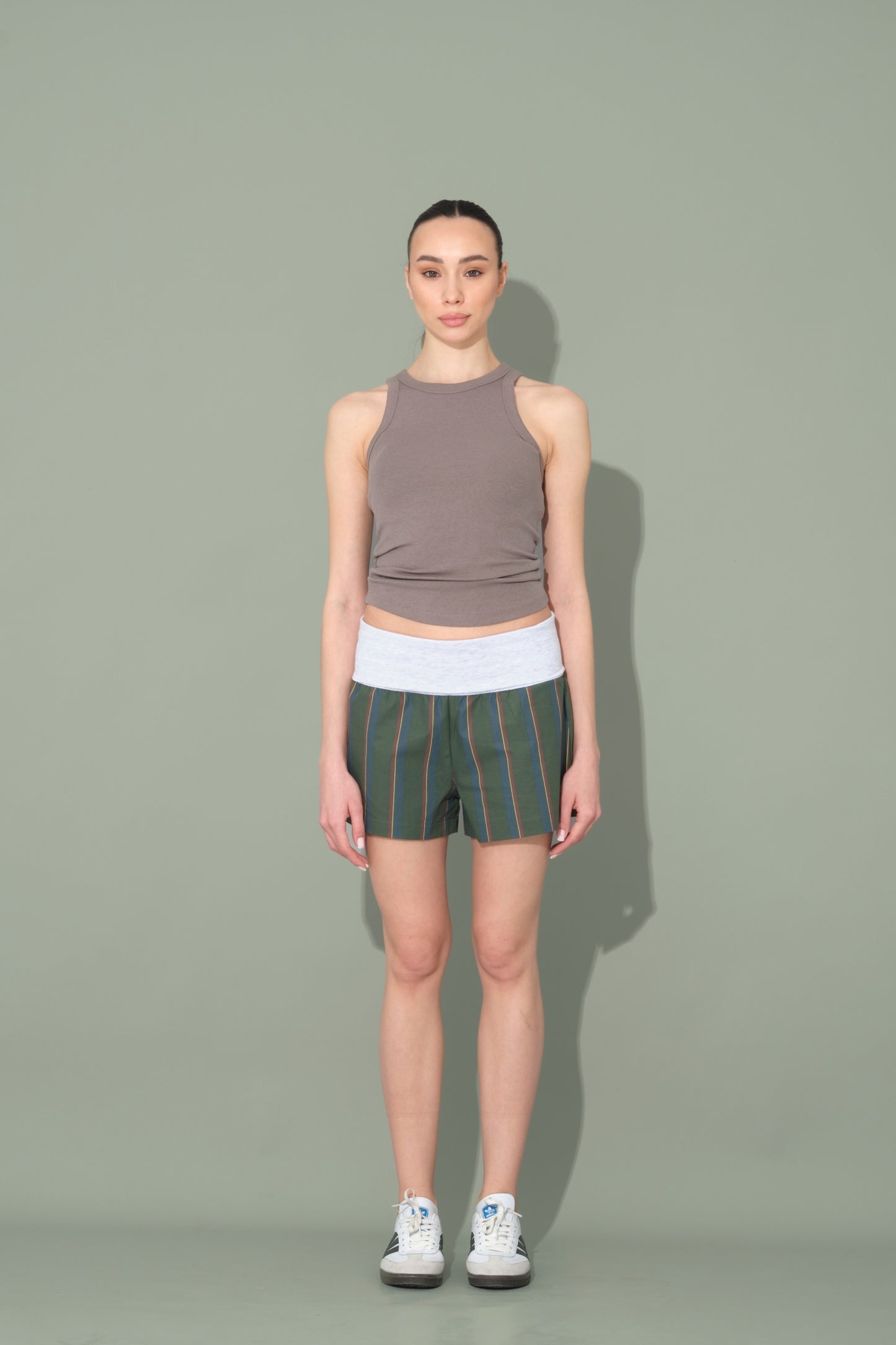 Green Striped Shorts with Folded Waist Detail