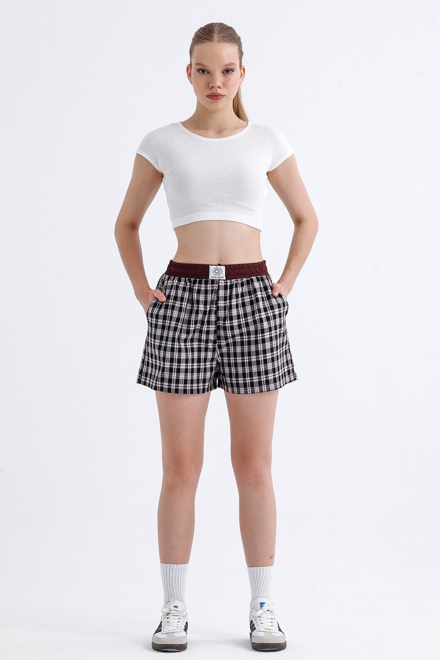 Black/Burgundy Plaid Boyfriend Shorts